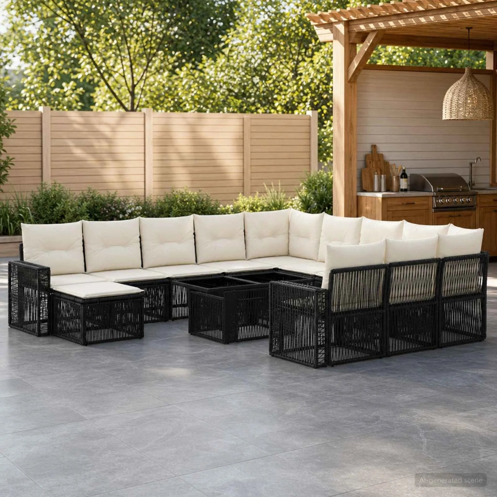 Set Divano da Giardino 13 pz Nero e Bianco Crema polyrattan 3436888