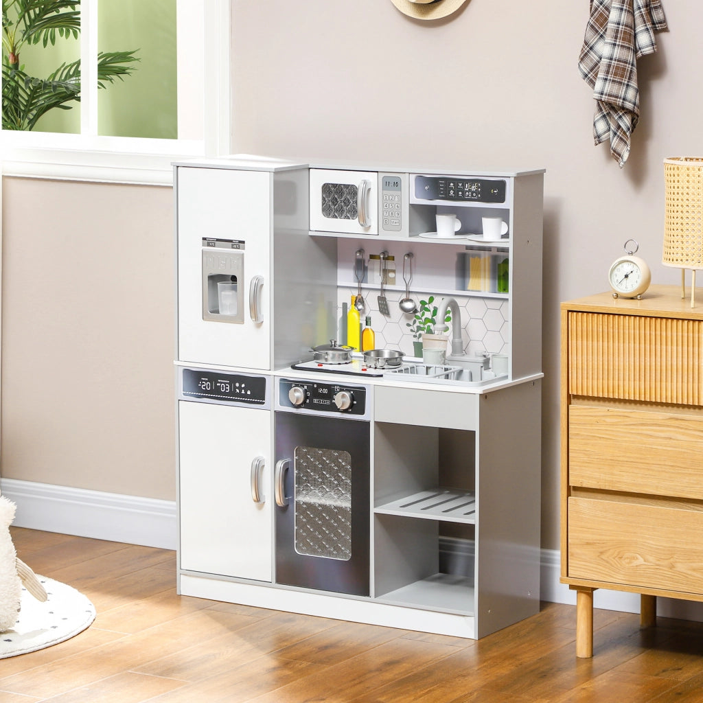 Set Cucina Giocattolo in Legno con Fornello con Luci e Suoni. Lavello con Circolo d'Acqua e Accessori. Bianco
