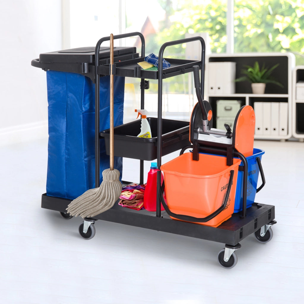 Carrello per pulizie professionale in metallo con 4 ruote, doppio ripiano, strizzatore removibile, 111x63,3x103 cm, nero
