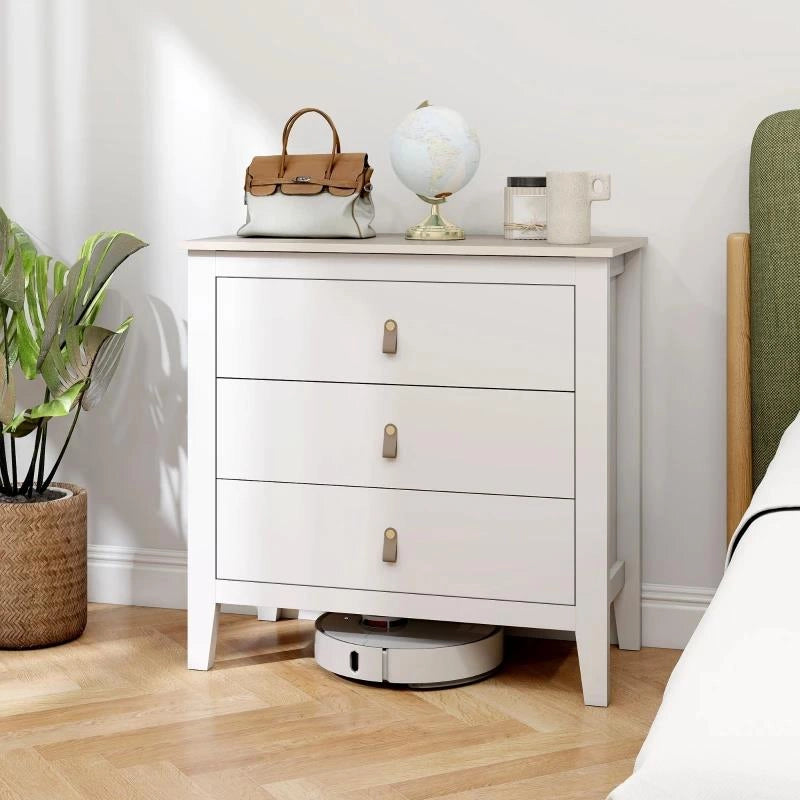CASSETTIERA PER CAMERA DA LETTO A 3 CASSETTI CON MANIGLIE IN FINTA PELLE, 80X40X78.5 CM, BIANCO