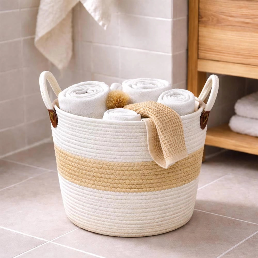 Cesti Portaoggetti Corda Bianco Beige con Maniglie cm 33 x 33 x h 33 Set da 3