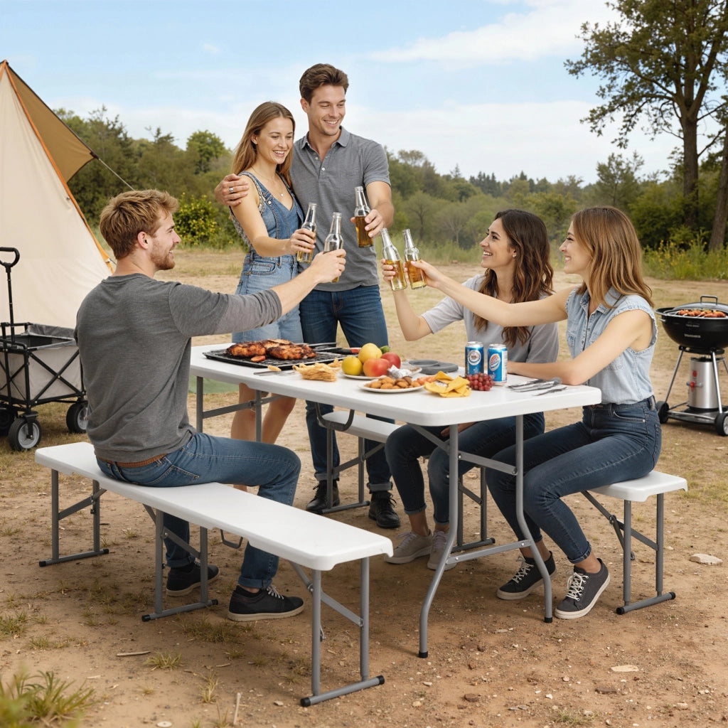 Set da picnic in 3 pezzi: tavolo pieghevole + 2 panche; manici per il trasporto; plastica/metallo; bianco