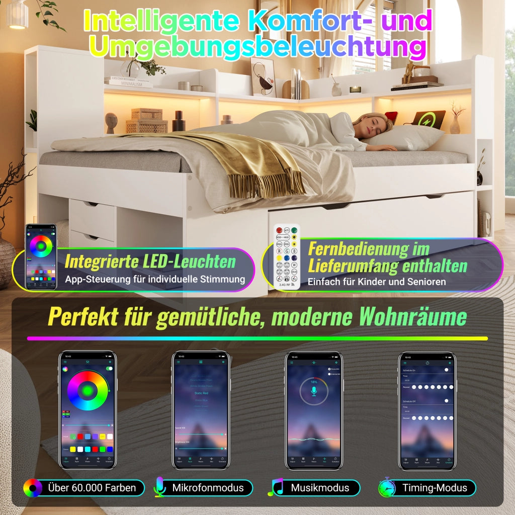 DESMIU Letto divano 90 × 200 cm 1 posto con USB, Type-C, LED, ripiani e cassetti, senza materasso, bianco