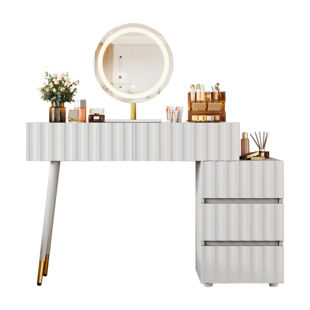 Tavolo da trucco bianco con specchio LED, 5 cassetti e mobile laterale, 100x40x127 cm