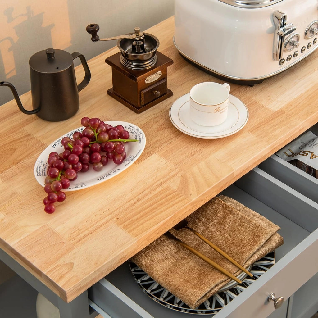 Carrello da cucina con ruote, isola da cucina con piano di lavoro, carrello da portata con ripiani regolabili, carrello da cucina, mobile da cucina con 2 cassetti e porta, trolley da cucina