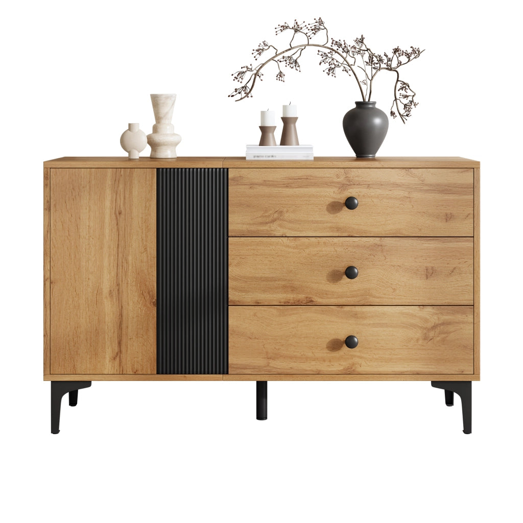 Credenza con 1 Anta e 3 Cassetti; Piedini in Metallo; Stile Moderno; in Pannelli di Particelle; Nero e Naturale; 120??35??76 cm