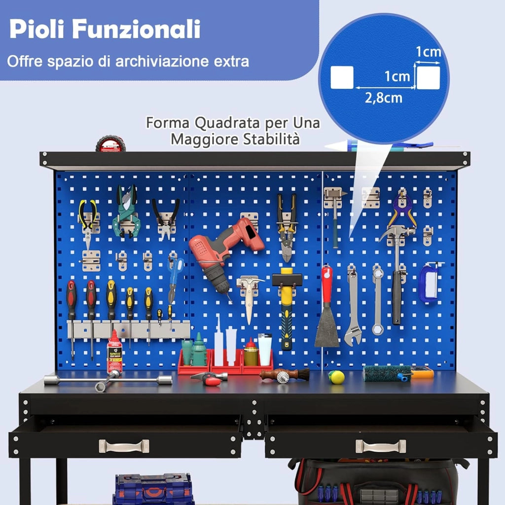 Banco da Lavoro con Piano da 120 x 60 cm, Banco da Lavoro Officina con Pannello Forato e 24 Ganci Porta Attrezzi, Tavolo da Lavoro per Garage con 2 Cassetti e 2 Mensole (Blu)