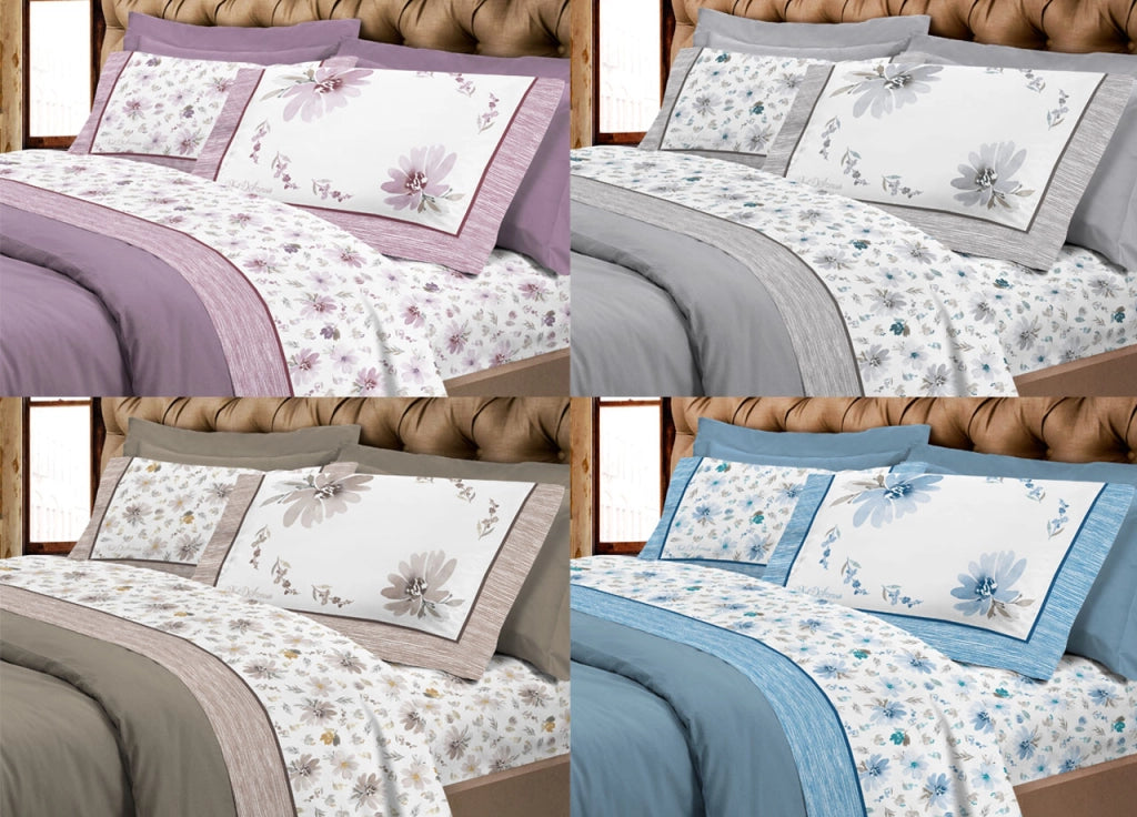 Completo Lenzuola Letto Flanella Calda 100% Cotone Disegno Fiori 8284 - Matrimoniale - Rosa