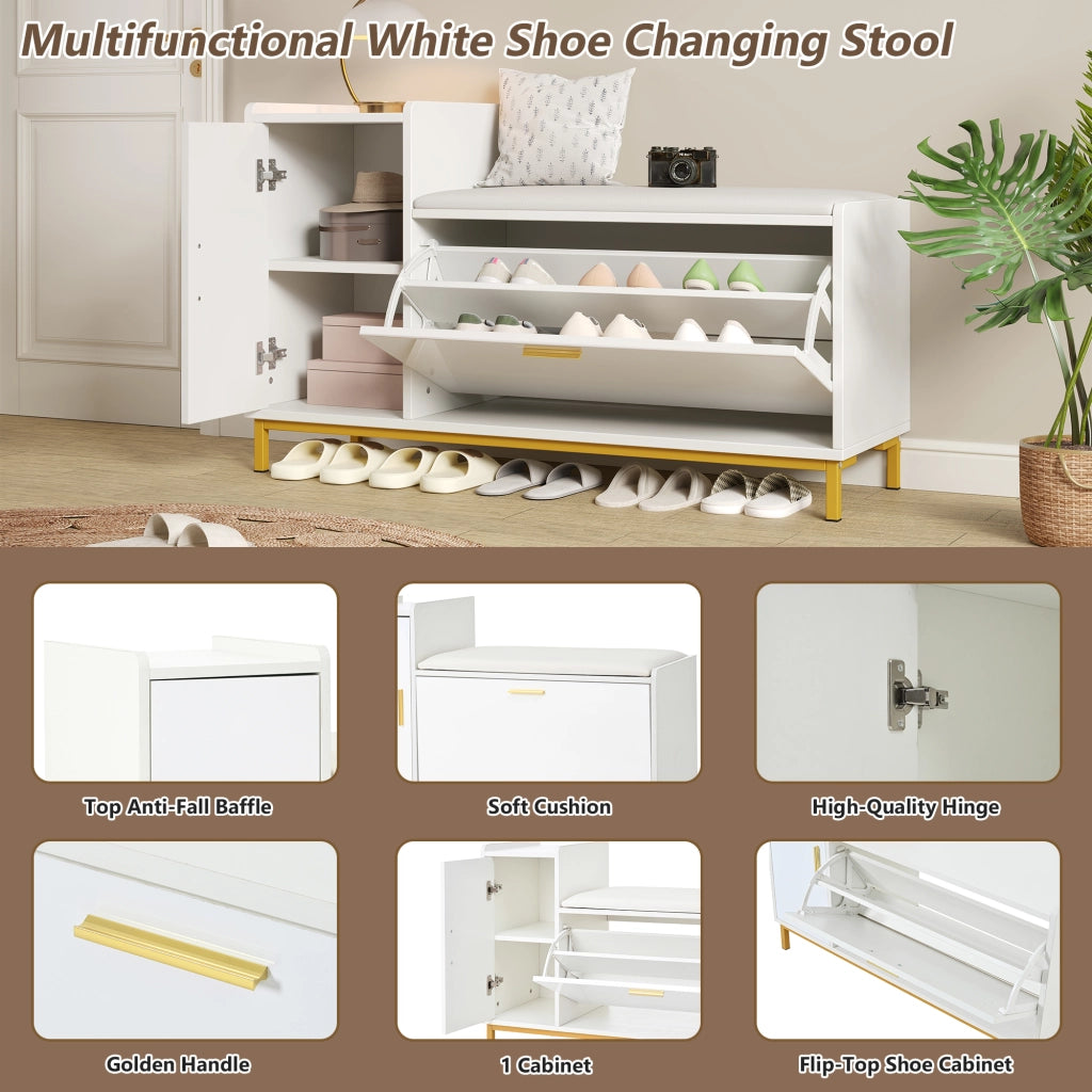 Scarpiera con seduta, 2 ripiani e 1 armadietto, per ingresso, in truciolare e metallo, bianco oro, 100 × 38 × 68 cm