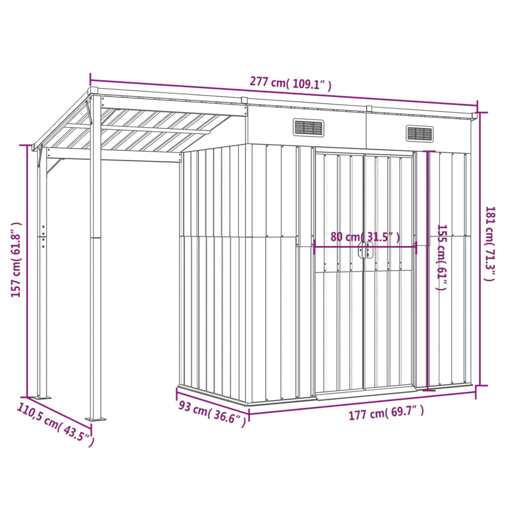 Casetta da giardino cabina ripostiglio casetta da esterno robusta casetta per attrezzi con tetto estensibile trasparente 277 x 110,5 x 181 cm grigio 02_0022218