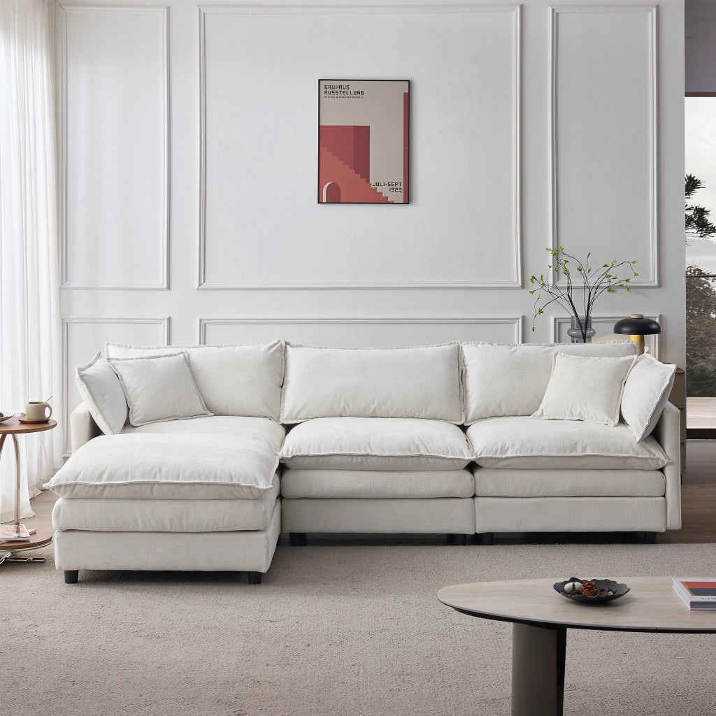 Divano angolare modulare 3 posti con pouf in Chenille Beige