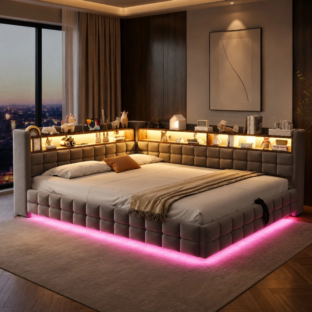 Divano letto imbottito 140×200 cm con vano contenitore; LED; prese USB/Type-C; velluto grigio chiaro