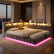 Divano letto imbottito 140×200 cm con vano contenitore; LED; prese USB/Type-C; velluto grigio chiaro