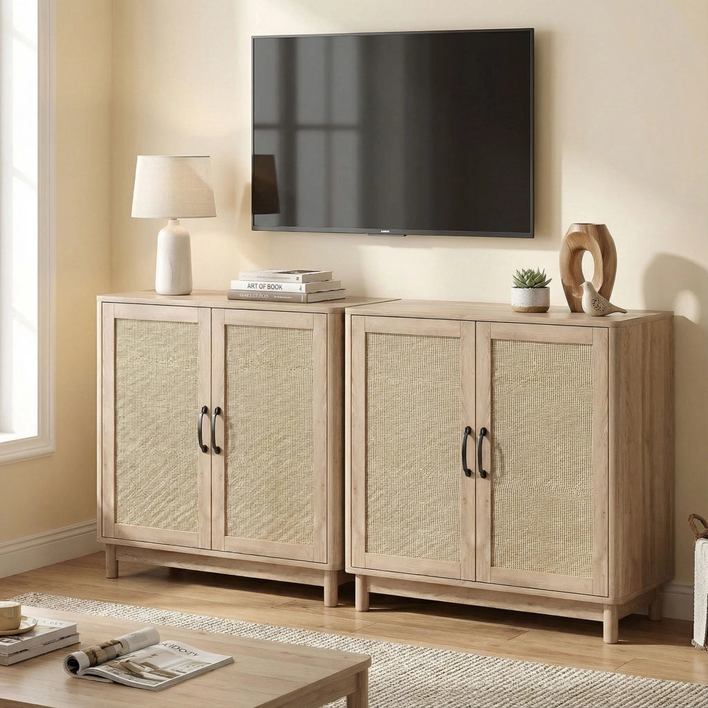 Mobile buffet con 2 ante in rattan ¨C Xylo ¨C rovere, ripiani regolabili, 76x35x75,5 cm