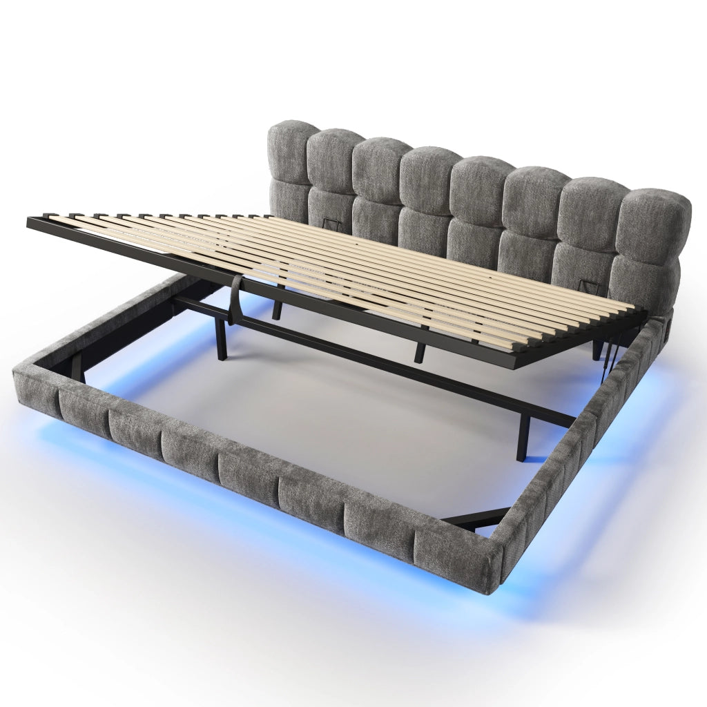 Letto imbottito 180x200 cm con contenitore idraulico e LED in ciniglia grigio