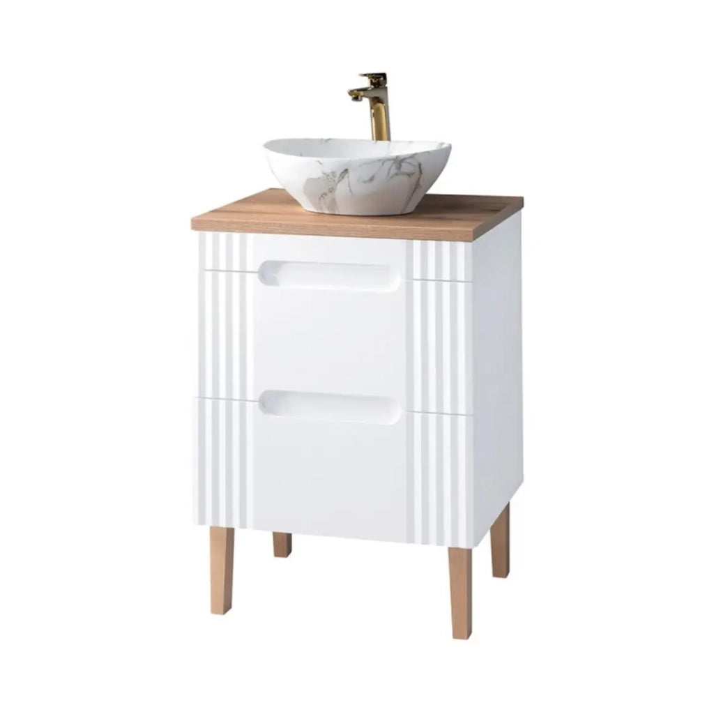 Set bagno FIDJI: mobile sotto lavabo 60cm + piano per lavabo + lavabo ovale asimmetrico da appoggio + piedi