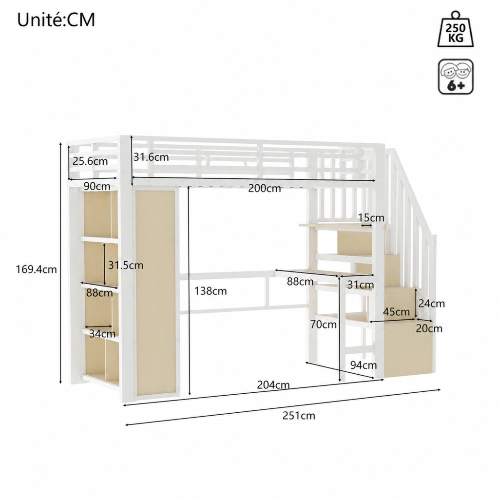 DESMIU Letto a Soppalco 1 Posto con Scrivania, Ripiani, LED e Scala Contenitore 90 × 200 cm Senza Materasso
