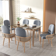 Set 6 sedie da pranzo grigie in velluto, design in rattan e gambe metalliche