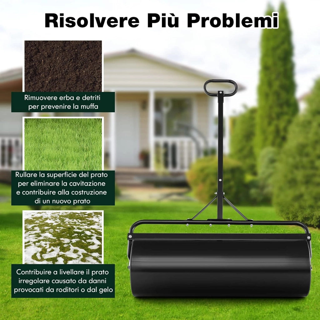 Rullo per Prato in Metallo, Rullo da Giardino Riempibile con 30 Litri di Acqua/Sabbia, con Gancio e Impugnatura Staccabile per Giardino, Prato, Parco e Fattoria (Nero)