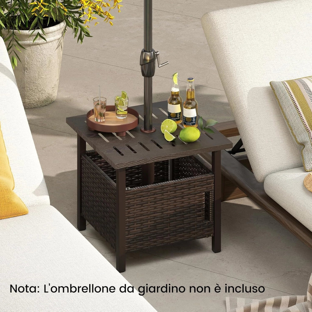 Tavolino da Esterno con Foro per Ombrellone da 4,9 cm, Tavolo da Patio in Rattan PE, Tavolino Laterale per Giardino, Terrazza e Bordo Piscina, Portata 120 kg