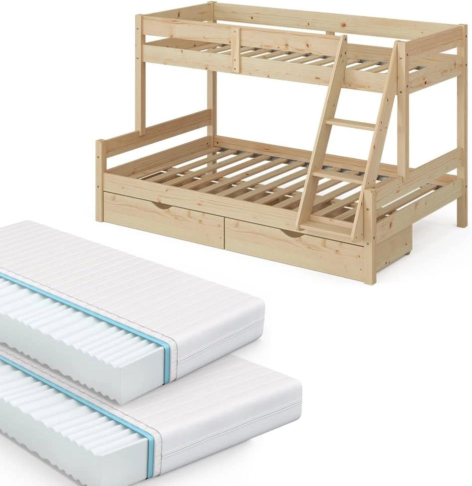 Letto a castello Everest, Legno naturale, 120x200 / 80x200 cm con 2 materassi e 2 cassetti, con scala integrata e sistema di doghe stabile