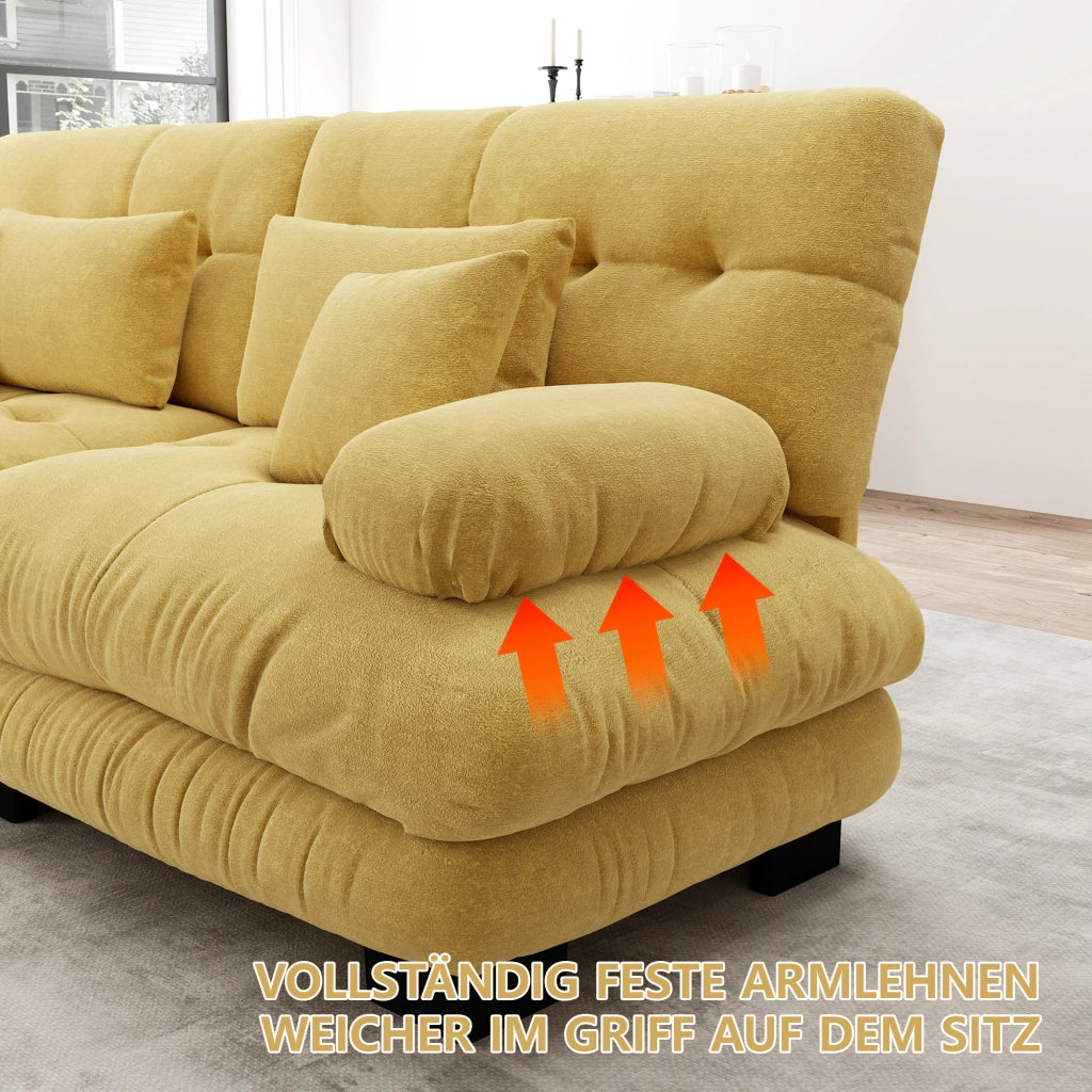 Divano angolare modulare con pouf e cuscini, seduta profonda in ciniglia vintage, giallo 313 × 145 × 81 cm