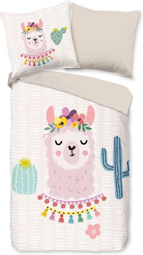 Set di lenzuola per bambini con motivo lama-alpaca, 135x200 cm, per ragazze e ragazzi, tessuto di cotone, con cerniera, colore beige, reversibile.