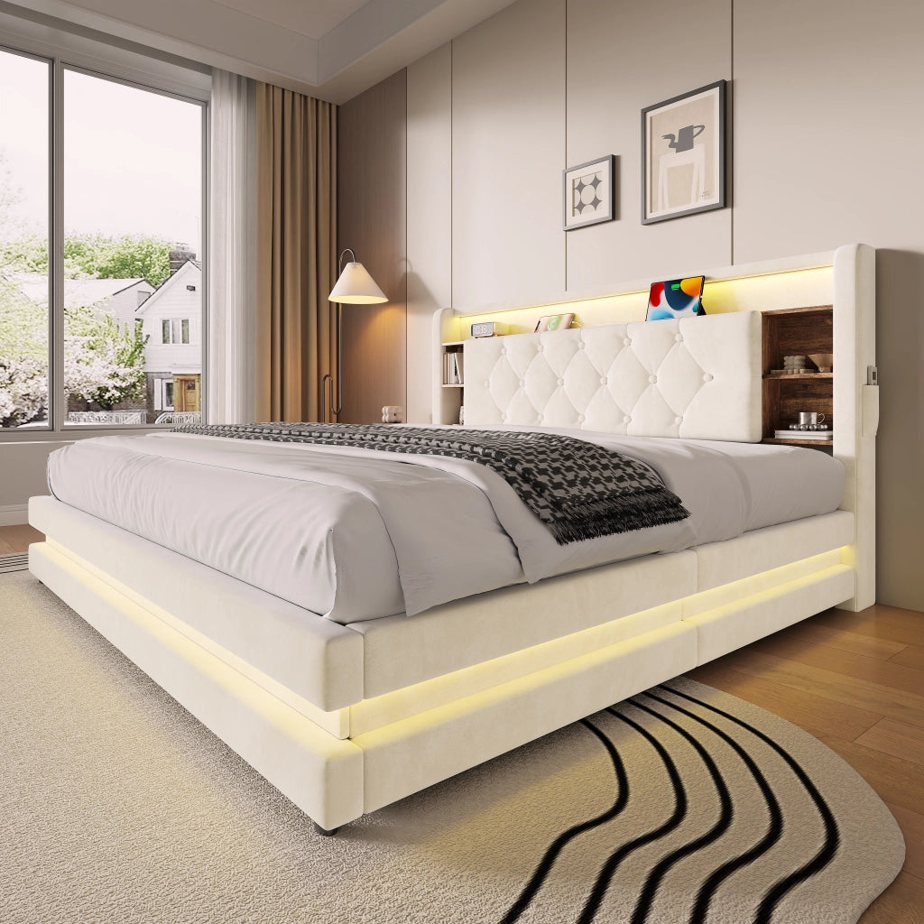 Letto Contenitore 160x200 cm; Letto Matrimoniale con LED; USB e Type-C; in Velluto Beige