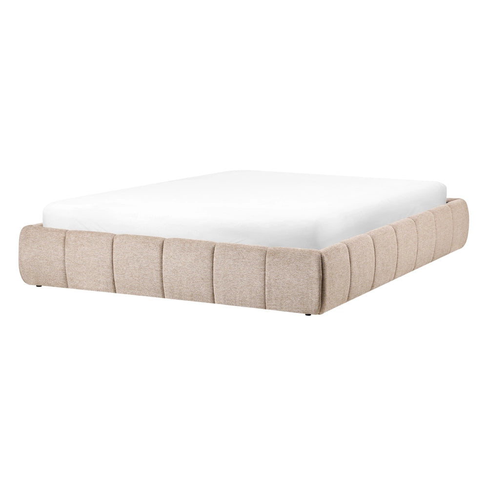 Letto matrimoniale in tessuto beige imbottita, con contenitore e panca 140x200 cm design moderno