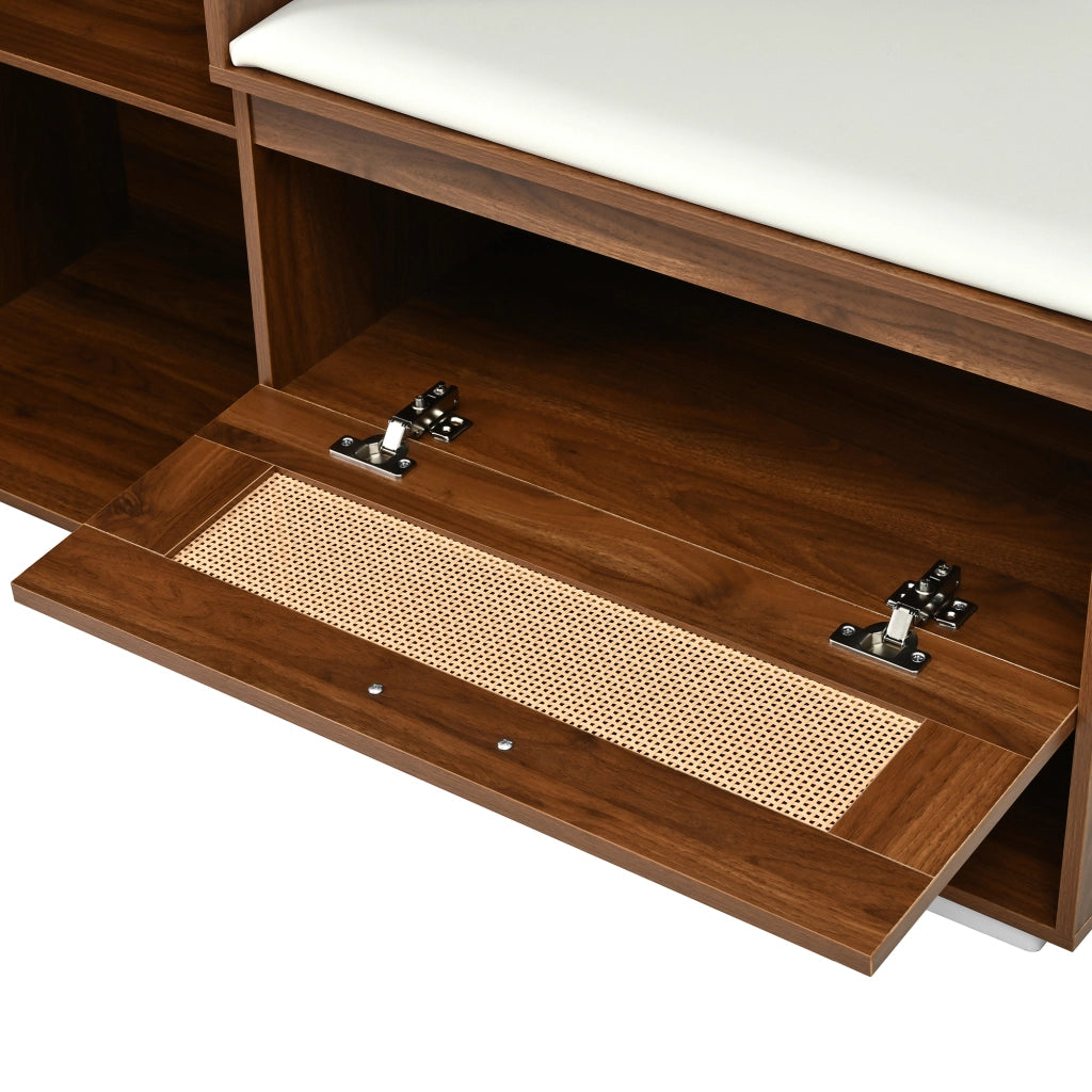 Set mobili da ingresso con specchio, 3 ante, panca con cuscino e LED, in MDF e pannelli di particelle noce e bianco