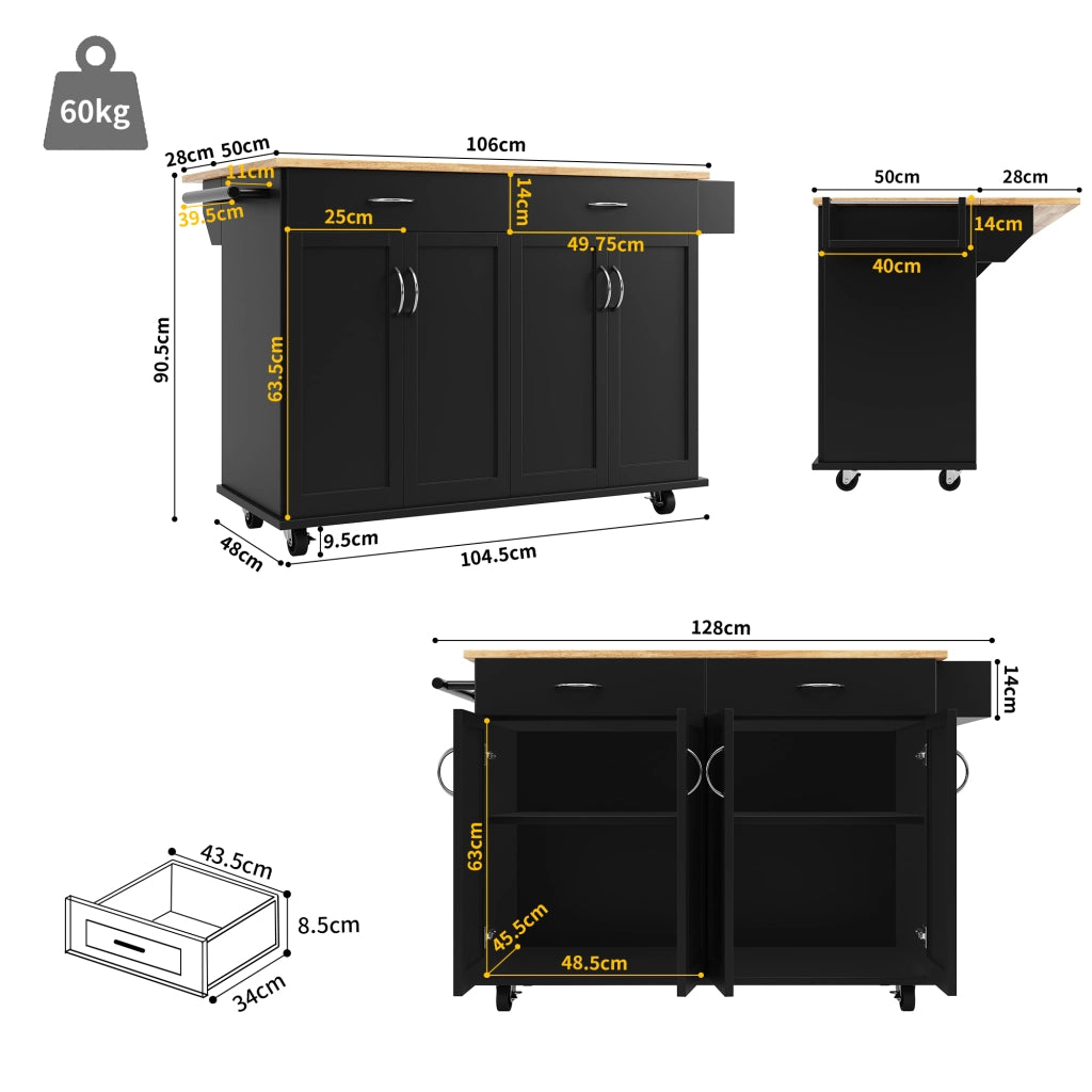 Carrello da Cucina con 2 Cassetti; Ripiani Regolabili; Piano Pieghevole; Portasciugamani e Ruote 106 x 50 x 90;5 cm