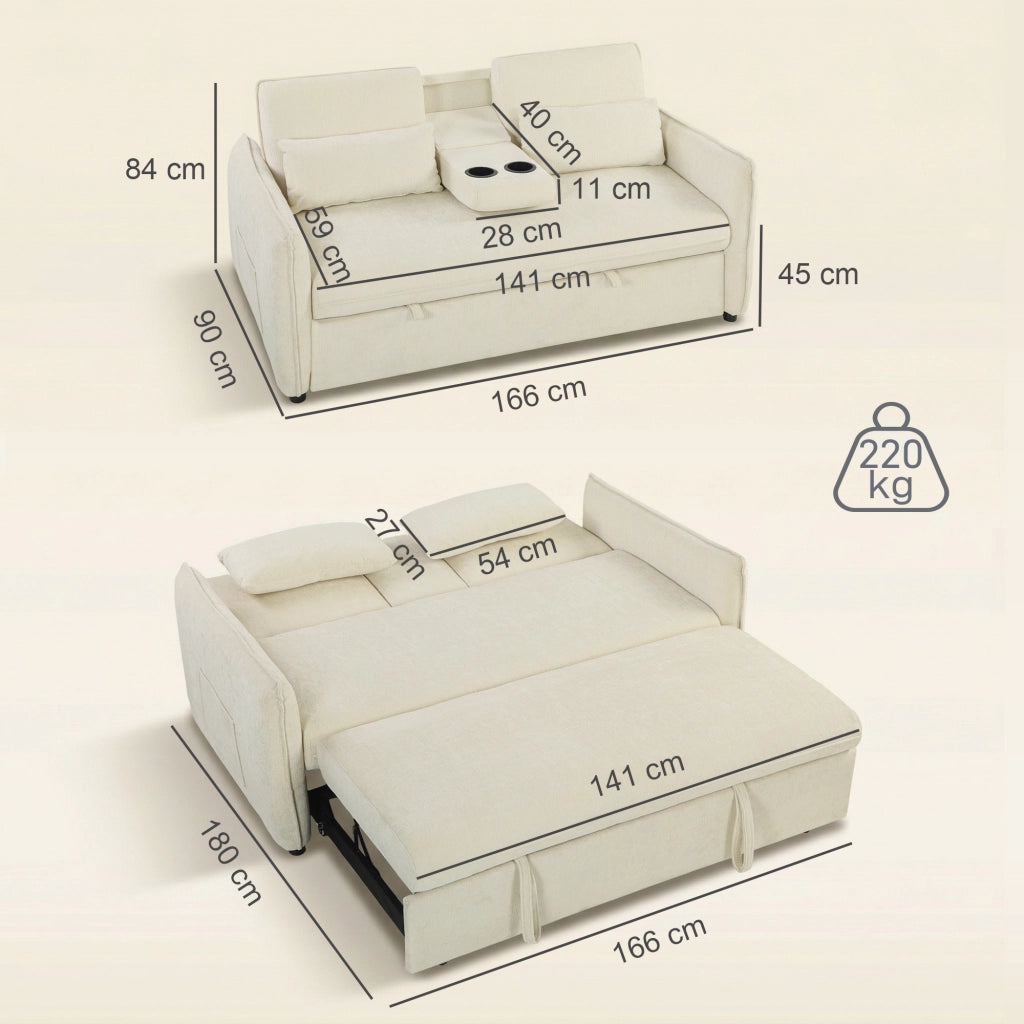 Divano letto 2 posti regolabile con braccioli, portaoggetti e tasche laterali ¨C zephmum ¨C Beige
