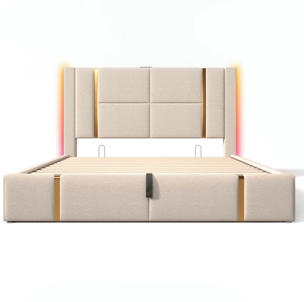 Letto matrimoniale imbottito 160x200 cm beige in lino con LED RGB; USB e USB-C; contenitore
