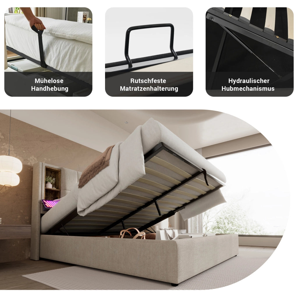 OKWISH Letto Contenitore 160×200 cm, Letto Matrimoniale con Ricarica Wireless, USB, Tipo C e Mensole, senza Materasso, in Lino, Naturale
