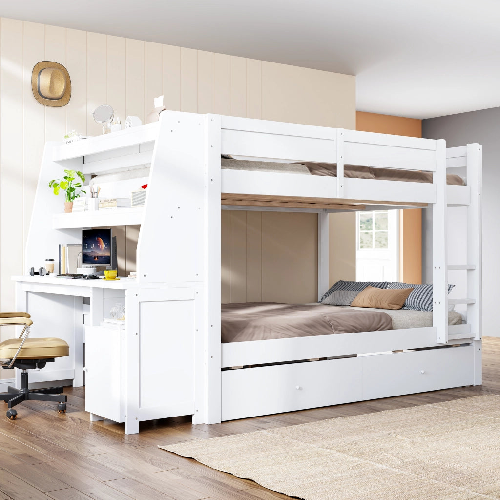 Letto a castello 140×200 cm con scrivania; armadio; ripiani e 2 cassetti; senza materasso; legno; bianco