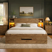 Letto matrimoniale 180x200 con testiera LED; USB e Type-C; cassetti e ripiani; rovere