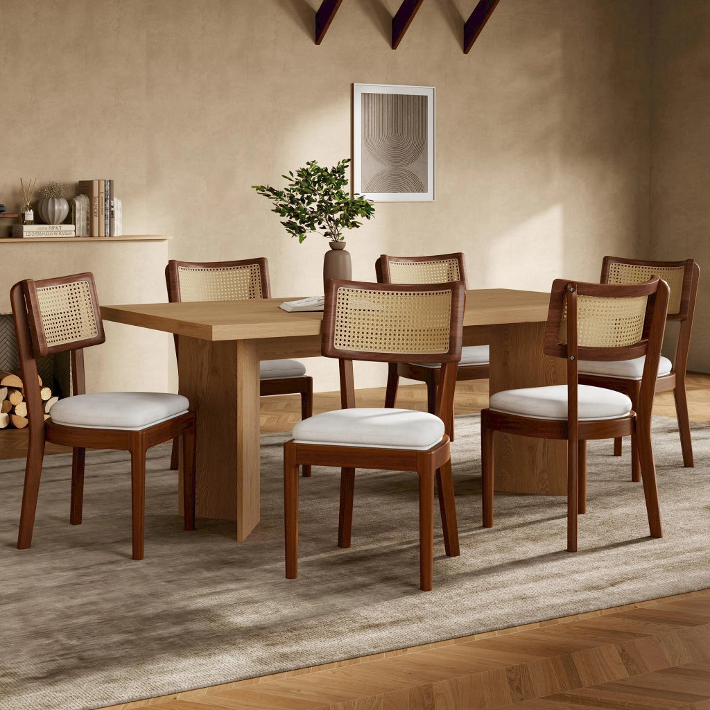Set di 4 sedie da pranzo in legno massello con schienale in rattan, cuscino in lino, colore noce