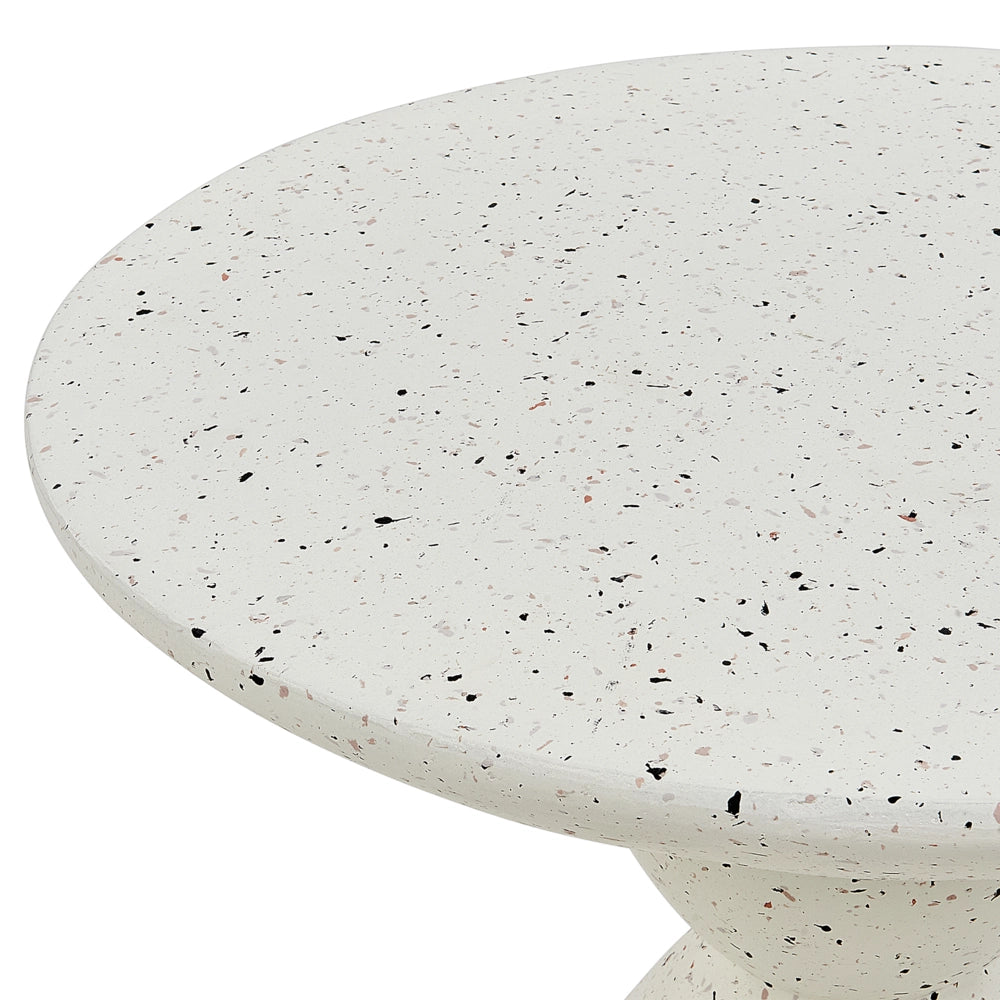 Tavolino bianco con effetto terrazzo in fibra di vetro MgO con piano rotondo resistente alle macchie UV alla ruggine moderno per esterni.