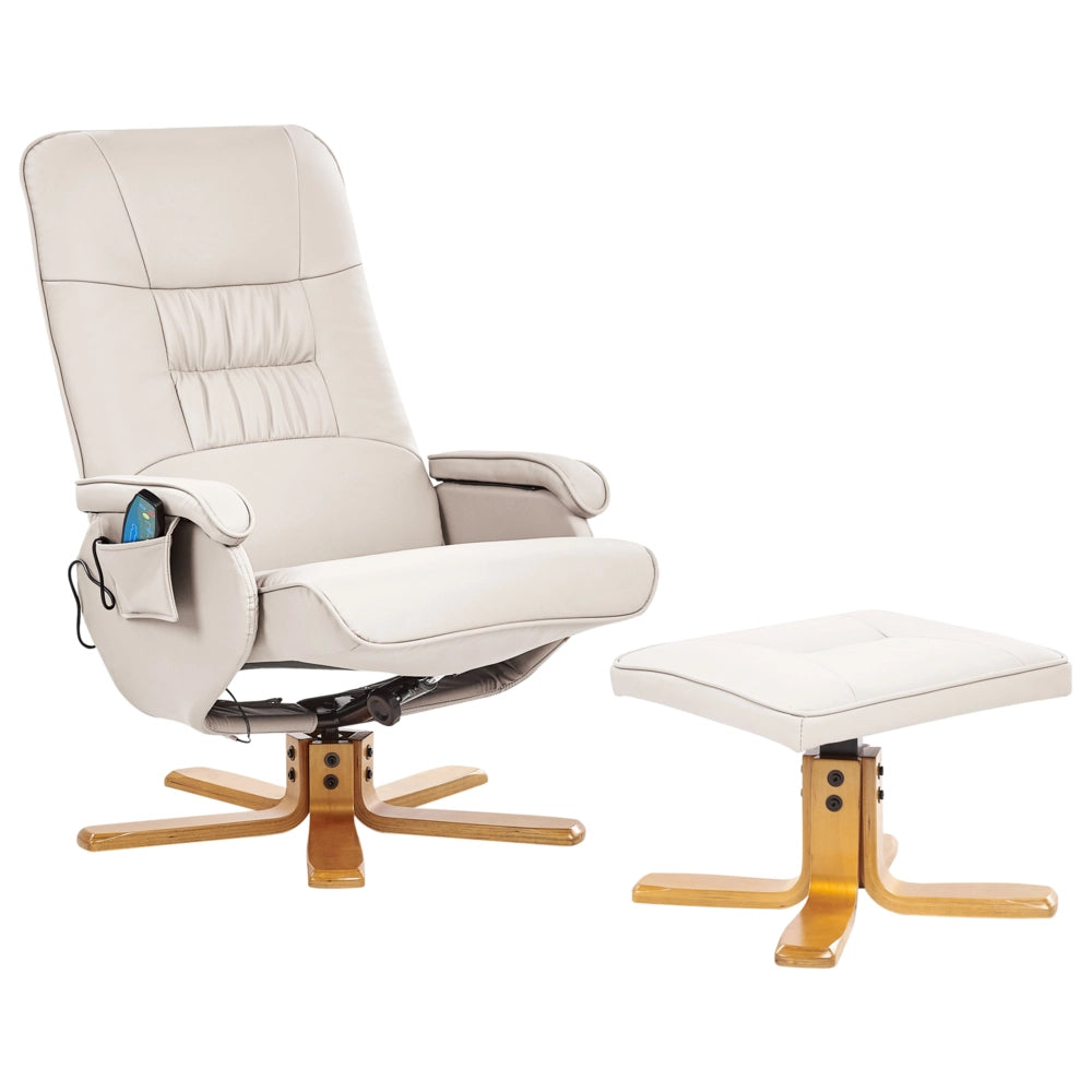 Poltrona reclinabile in similpelle beige chiaro con poggiapiedi, girevole, regolabile, massaggiante e riscaldante con sgabello