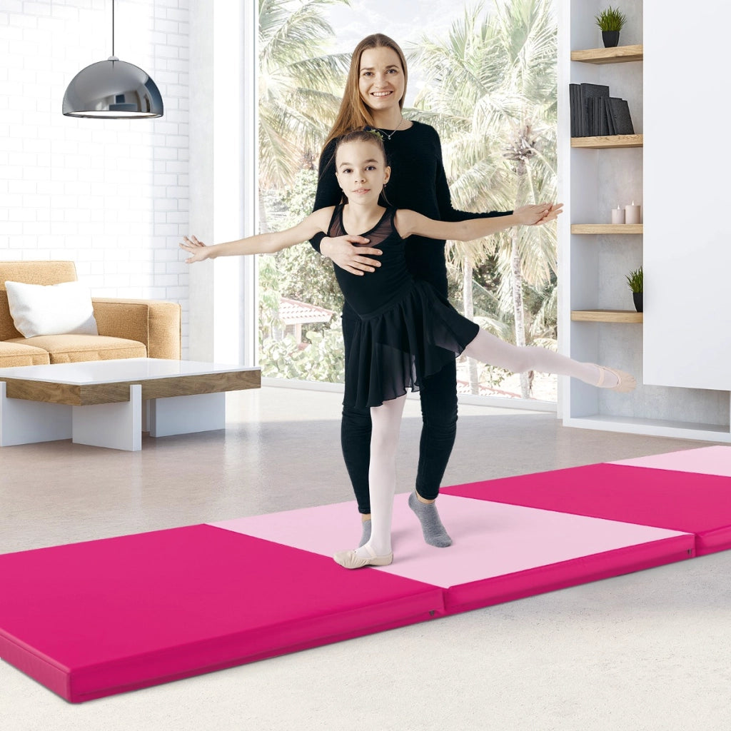 Tappetino per ginnastica pieghevole a 4 pannelli con maniglie chiusure a strappo-Tappetino in ecopelle 300x117cm Rosa scuro