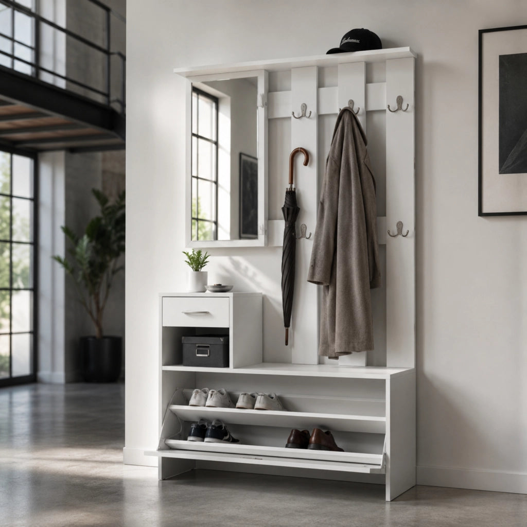 Mobiletto Da Ingresso Con Specchio Appendiabiti E Scarpiera Arredo Per Corridoio Entratina 97 X 35 X 25 Cm Bianco