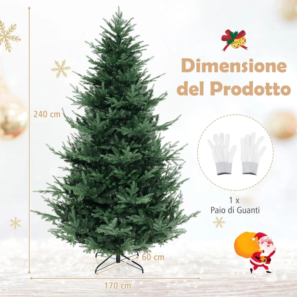 Albero di Natale Artificiale 135/180/210/240 CM, Albero di Natale con 160/240/340/450 Luci LED Bianche Calde, 442/778/1090/1480 Punte di Rami e Foglie Miste in PE & PVC (240 CM)