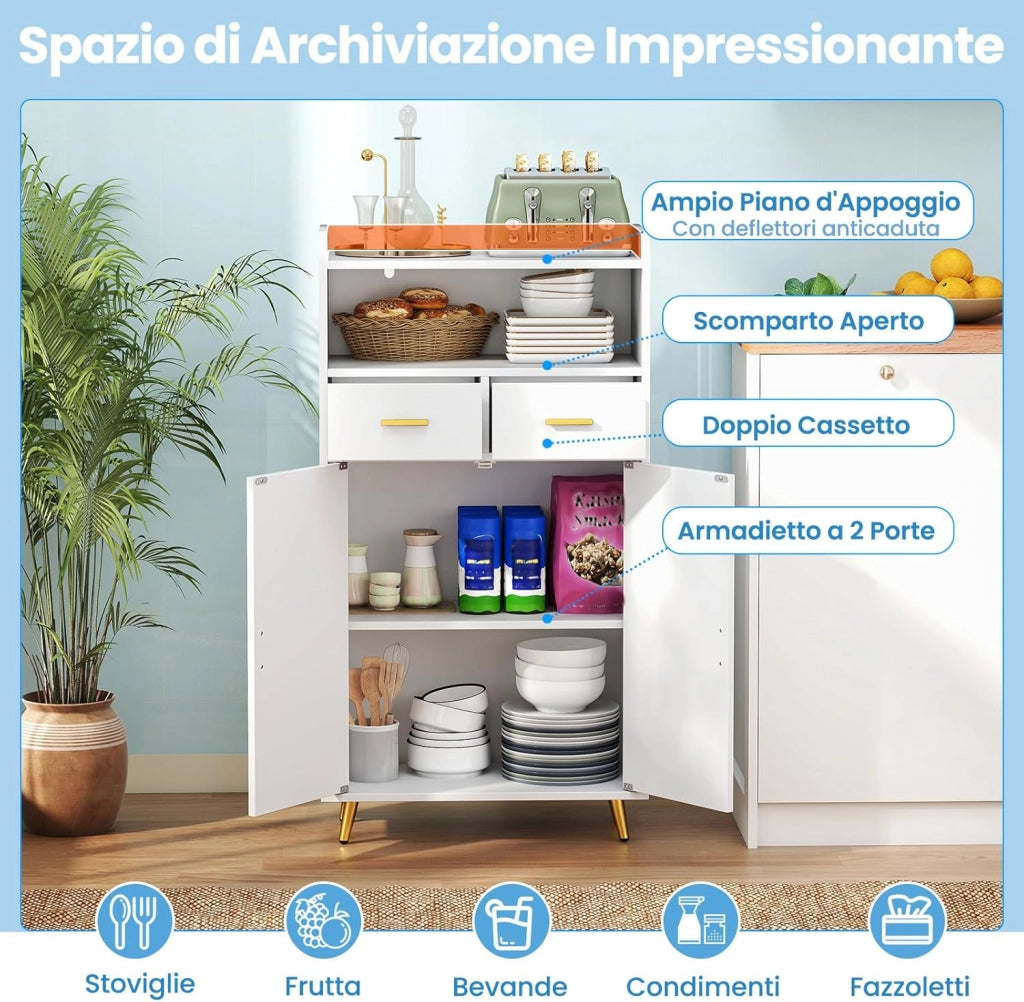 Mobiletto Bagno Salvaspazio 60 x 30 x 113 cm, Credenza Soggiorno con Ante, 2 Cassetti e Ripiano Regolabile, Armadietto da Cucina per Sala da Pranzo e Lavanderia (Bianco)