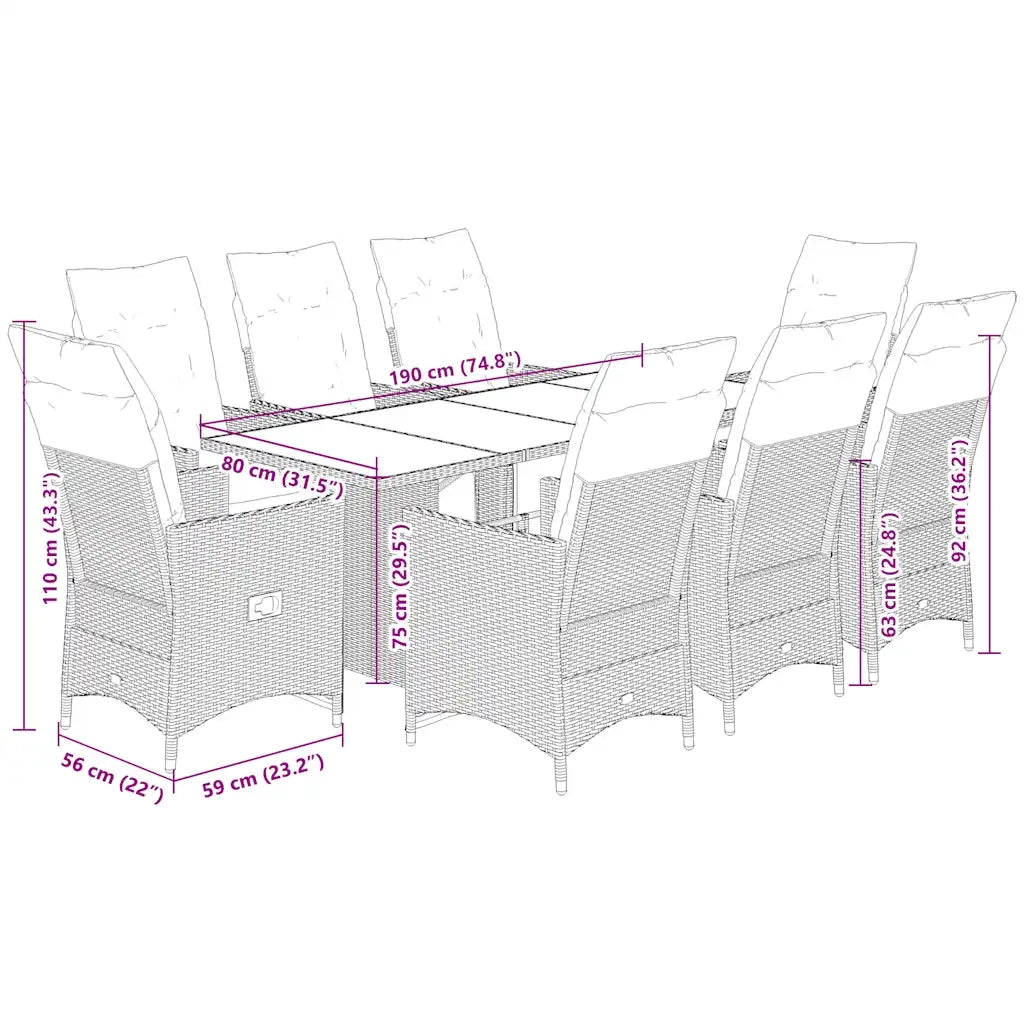 vidaXL Set da Pranzo da Giardino 9 pz con Cuscini Nero in Polyrattan