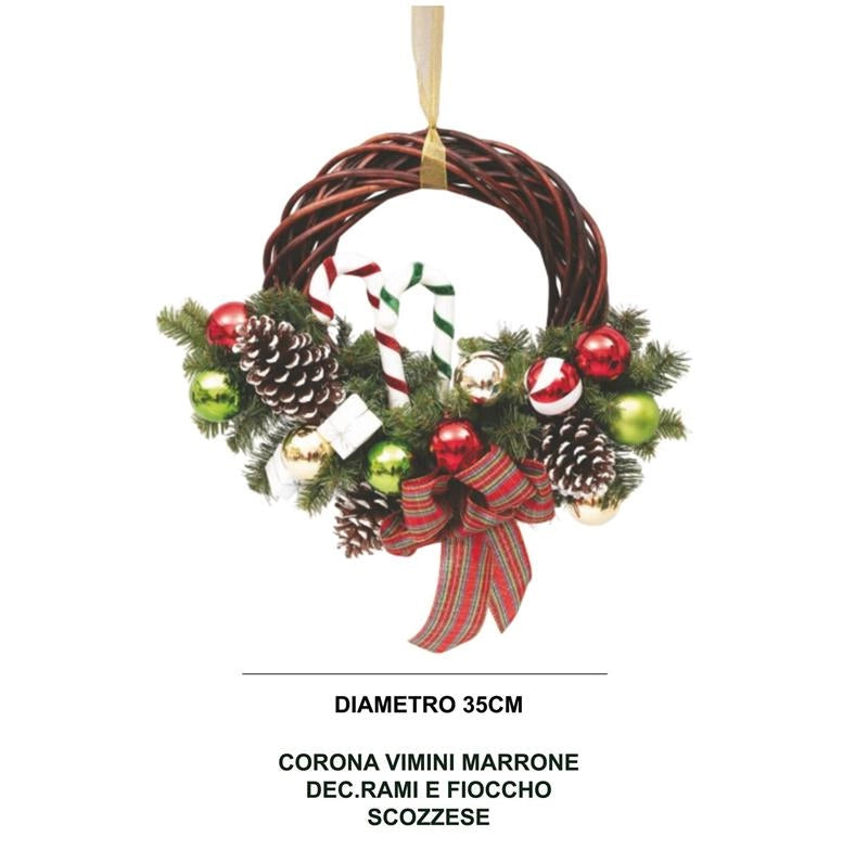MAURY'S GHIRLANDA DI VIMINI PER NATALE CON DECORAZIONE DI RAMI E FIOCCO SCOZZESE DI 35 CM