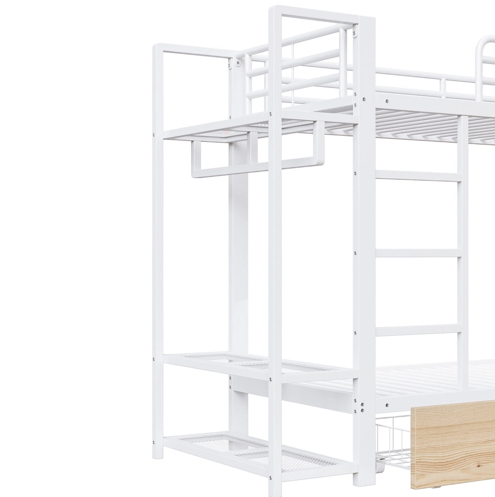 Letto a castello 90x200 cm con struttura in metallo; 2 cassetti; ripiani e LED; bianco