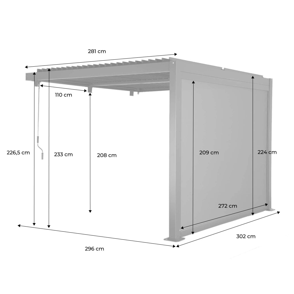 Pergola bioclimatica in alluminio addossata 3x3m + 1 tenda 3m palace,