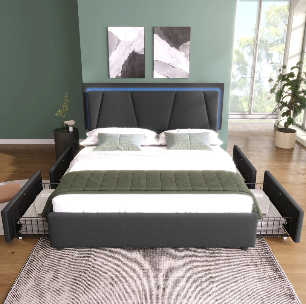 Letto matrimoniale 140x200 cm LED con 4 cassetti grigio