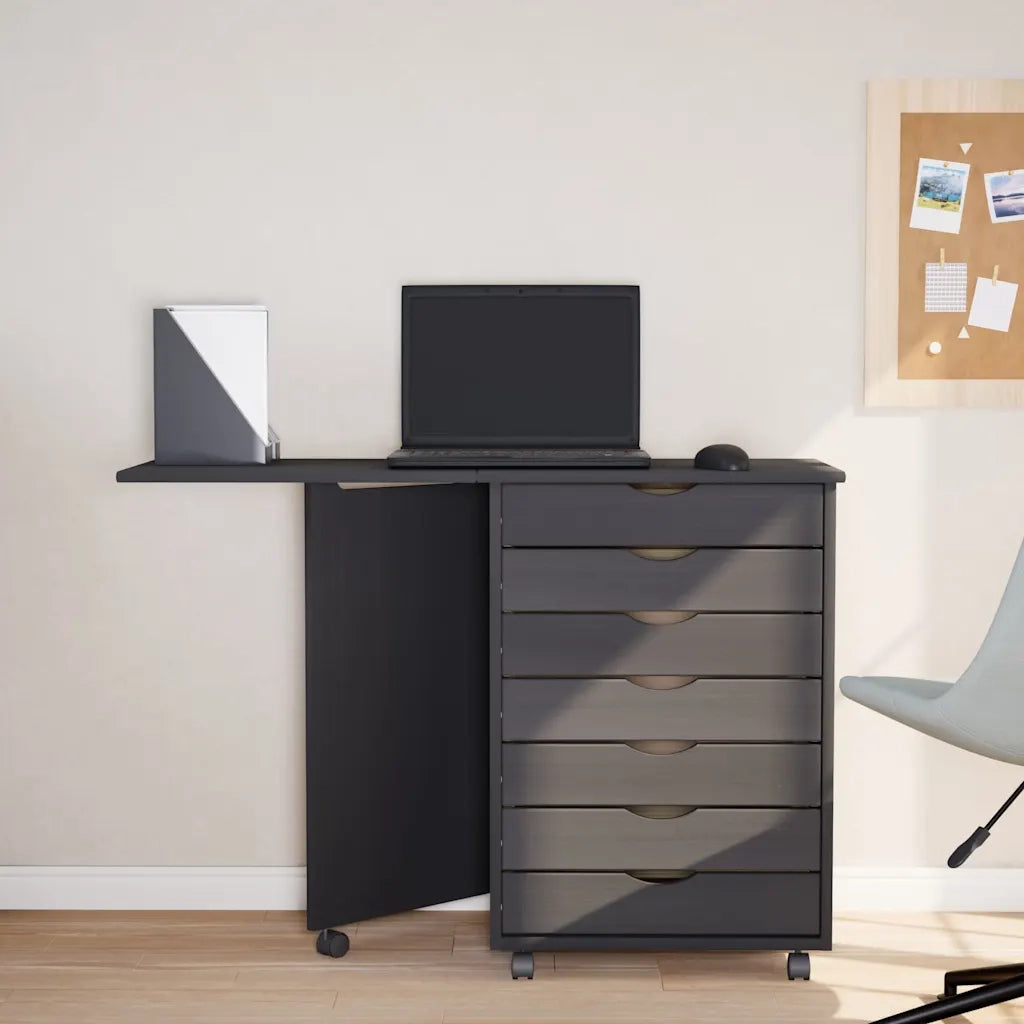 Armoire roulante avec bureau MOSS gris bois de pin solide
