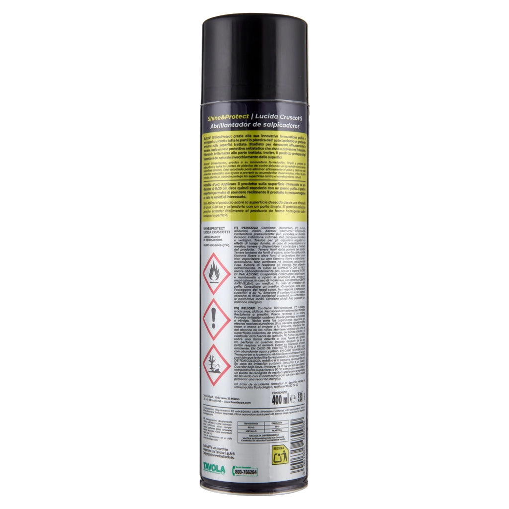 Bullock Car Care Shine&Protect Lucida Cruscotti, Protegge, Pulisce e Lucida Parti in Plastica, Effetto Antistatico, 400ml